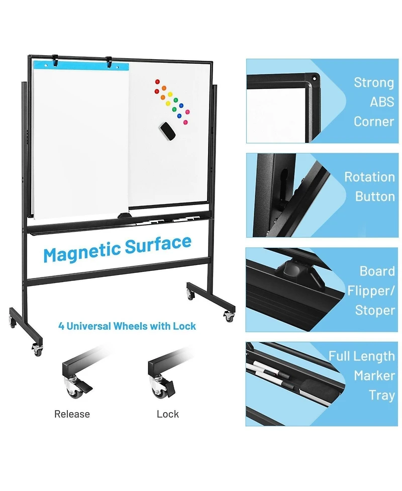 Vebreda 48 x 36 Inch Mobile Magnetic Double-Sided Reversible Whiteboard Height Adjust