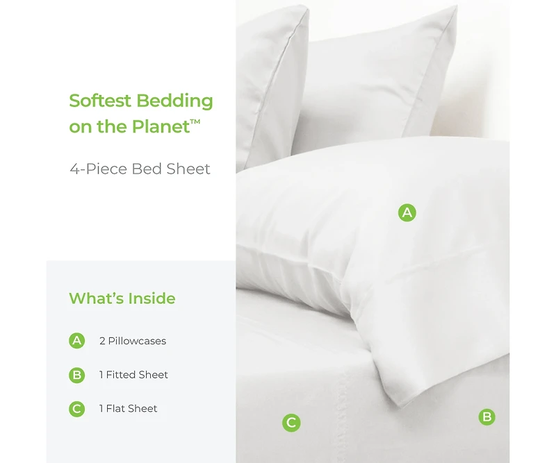 Cariloha Retreat 4-Piece Sateen Sheet Set | White | Cal King | Lyocell Material | Breathable, Corner Straps, Extra soft & Cooling