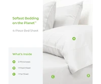 Cariloha Retreat 4-Piece Sateen Sheet Set | White | Cal King | Lyocell Material | Breathable, Corner Straps, Extra soft & Cooling