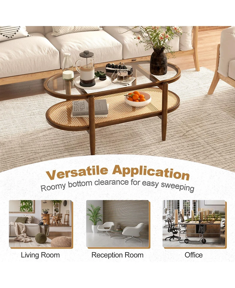 Skonyon 2-Tier Coffee Table with Tempered Glass Tabletop and Acacia Wood Frame