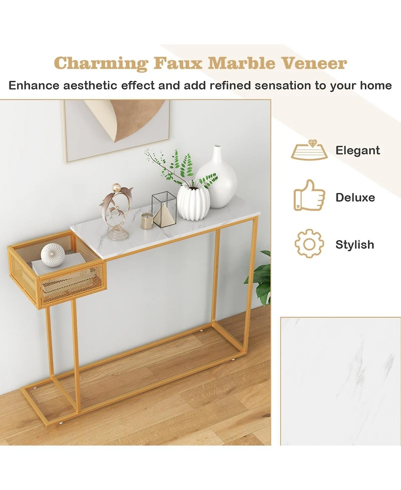 Sugift Rectangular White Faux Marble Console Table with Storage-Gold