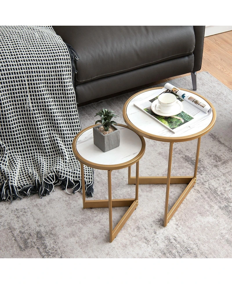 Skonyon Round Nesting Table Set of 2 with Marble-like Tabletop-White