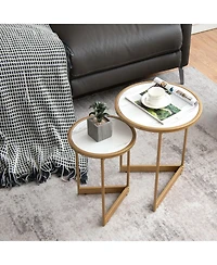 Skonyon Round Nesting Table Set of 2 with Marble-like Tabletop-White