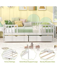 Twin Daybed with Fence and 2 Drawers Kids Bed for Boys & Girls-White