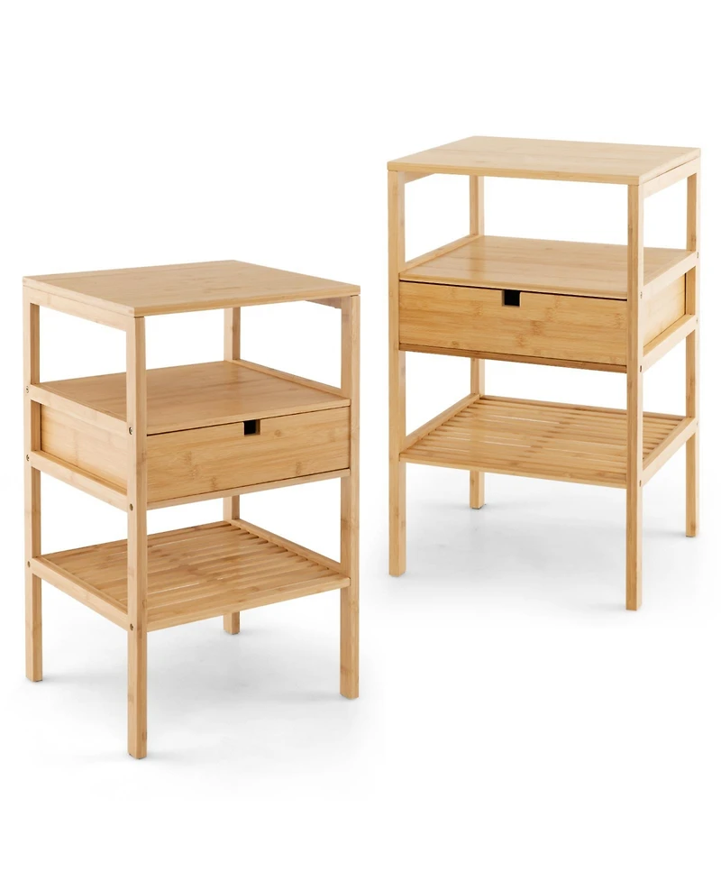 Skonyon Nightstand Set of 2 Bamboo End Table with 2 Open Shelves and Drawer-Set of 2