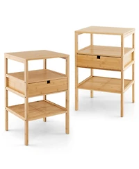 Skonyon Nightstand Set of 2 Bamboo End Table with 2 Open Shelves and Drawer-Set of 2