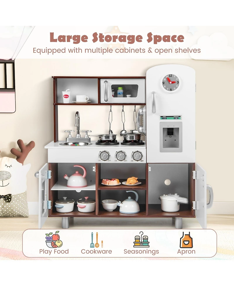 Vebreda Kids Kitchen Playset with Realistic Sounds and Lights-Brown & White