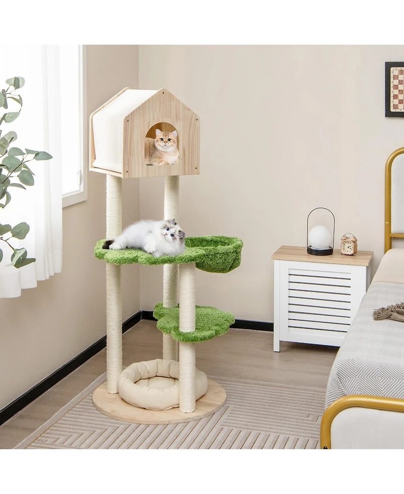 Skonyon 55 Inch Tall Cat Climbing Stand with Sisal Scratching Posts and Soft Cat Bed for Indoor Kittens-Green