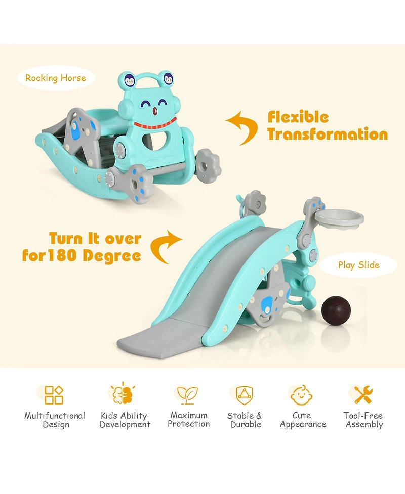 Vebreda 4-in-1 Rocking Horse and Slide Set for Kids-Blue