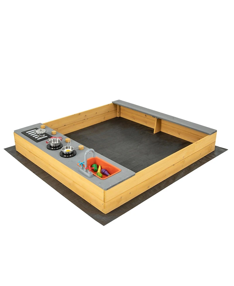 Wooden Sandbox Kids Sand Pit with Kitchen Playset Accessories for 3-8 Years Old