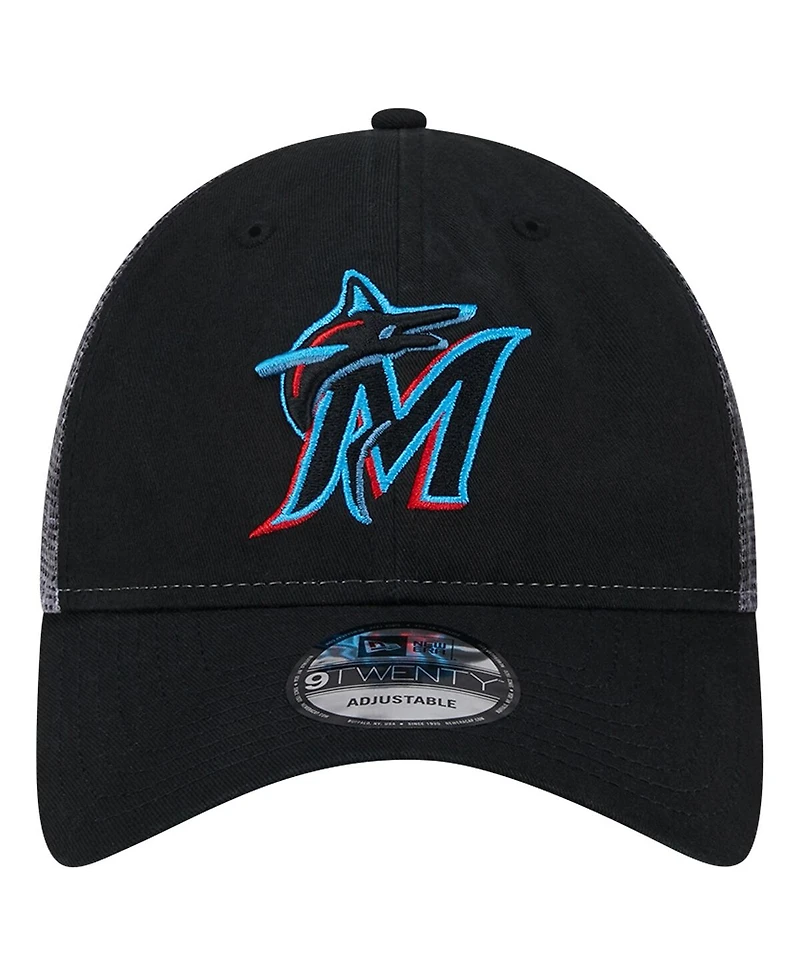 New Era Men's Black Miami Marlins Team Slick Trucker 9TWENTY Adjustable Hat