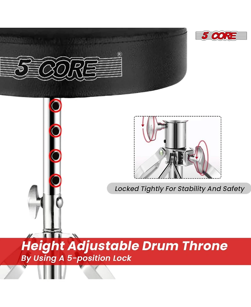 5 Core Drum Throne Comfortable Padded Guitar Stool Height Adjustable Music Dj Chair Heavy Duty Seat - Black