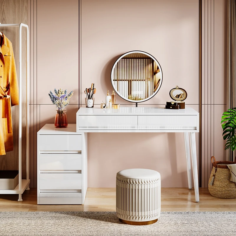 Tribesigns White Desk with 5 Drawers, Modern Home Office Desk with Storage Drawers and Printer Stand, Reversible Computer Desk Vanity Desk, White