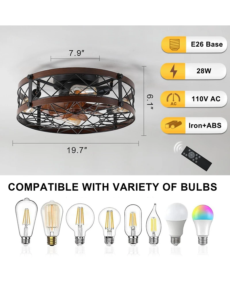 Streamdale Caged Ceiling Fans with Lights, 20" Black Flush Mount