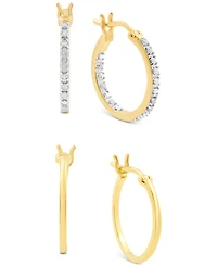 2-Pc. Set Diamond In & Out and Polished Small Hoop Earrings (1/6 ct. t.w.) in 14k Gold-Plated Sterling Silver