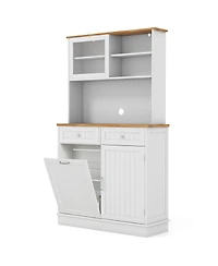 Skonyon Double Tilt Out Trash Cabinet with Hutch and Rubber Wood Countertop