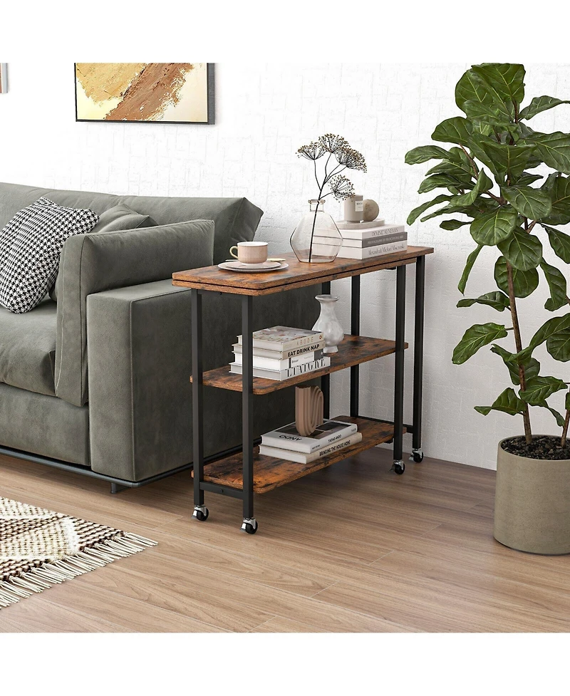 Skonyon 360° Rotating Sofa Side Table with 2-Tier Storage Shelves-Rustic Brown