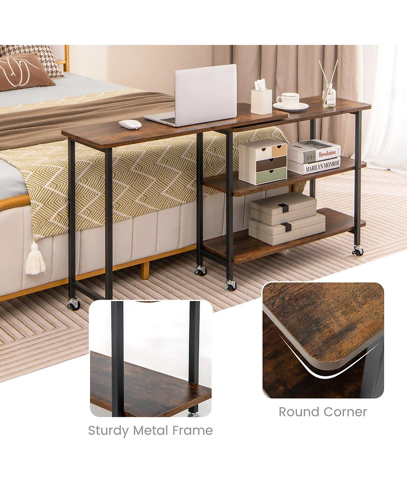 Skonyon 360° Rotating Sofa Side Table with 2-Tier Storage Shelves-Rustic Brown