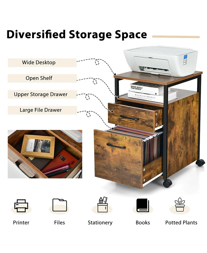 Skonyon 2 Drawer Mobile File Cabinet Printer Stand with Open Shelf for Letter Size-Rustic Brown