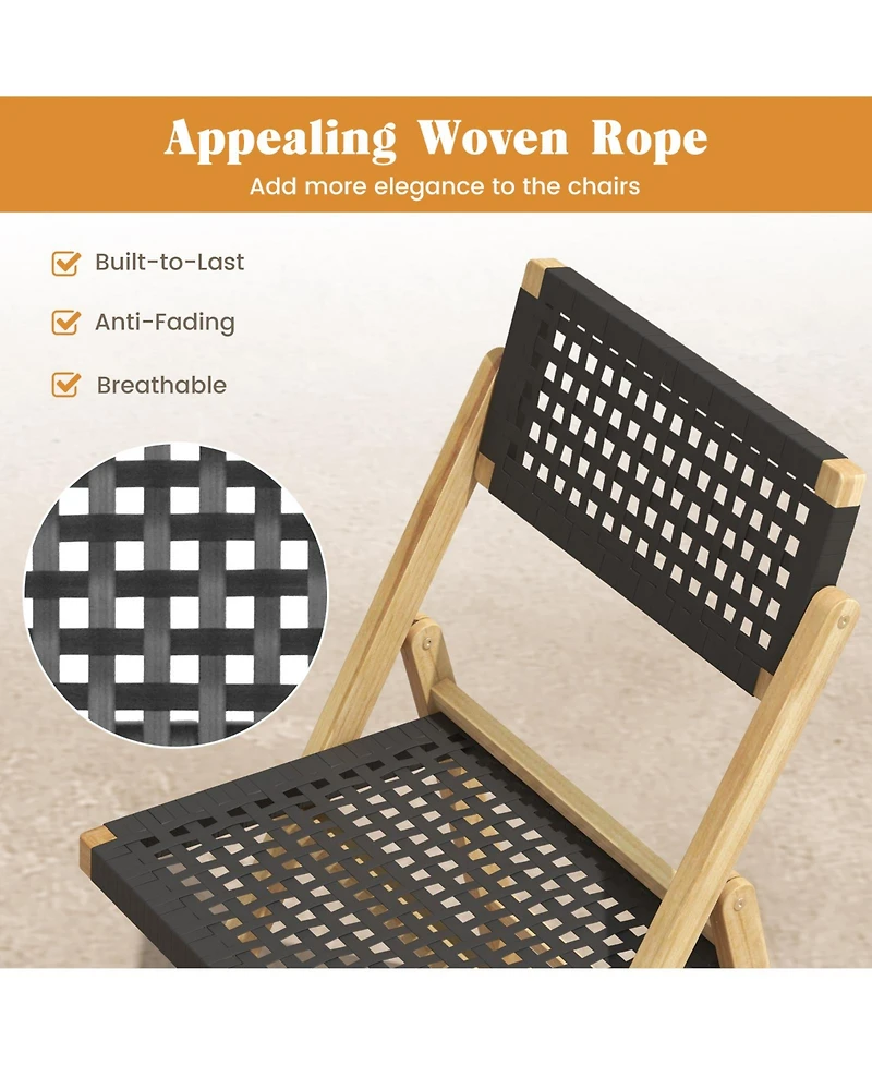 Sugift Set of 2 Folding Chairs Indonesia Teak Wood Dining Chairs with Woven Rope Seat and Back