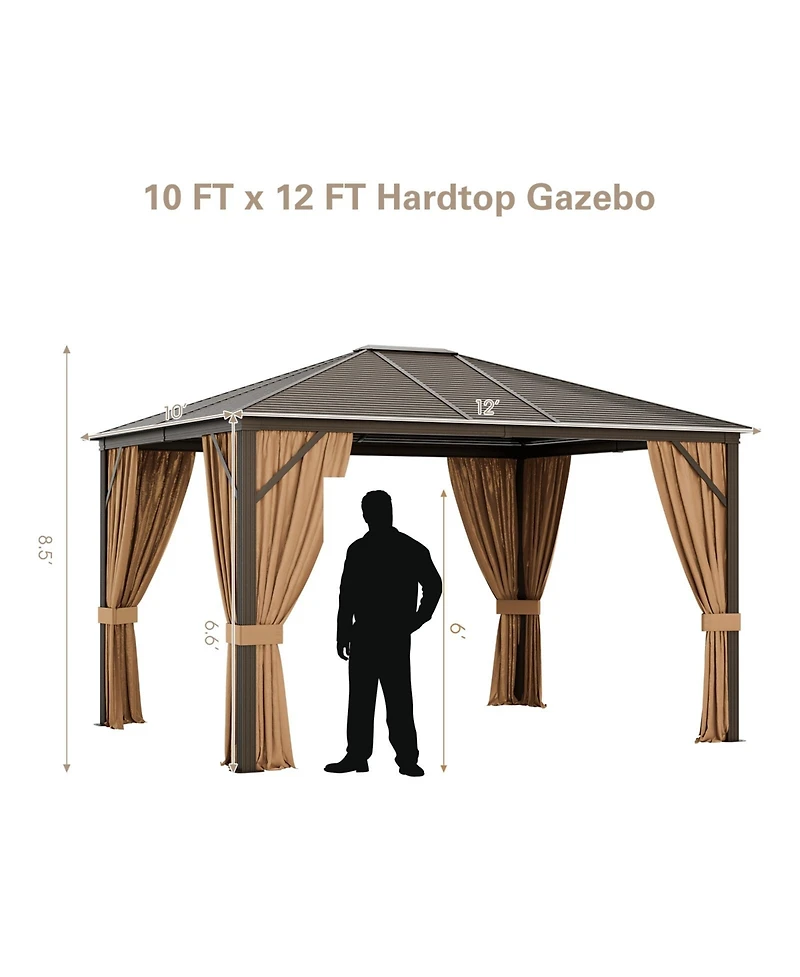 Sugift 12 x10 Feet Outdoor Hardtop Gazebo with Galvanized Steel Top and Netting-Brown
