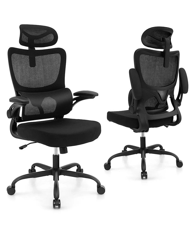 Mesh Office Chair with Adaptive Lumbar Support Flip-up Armrests Reclining Backrest-Black