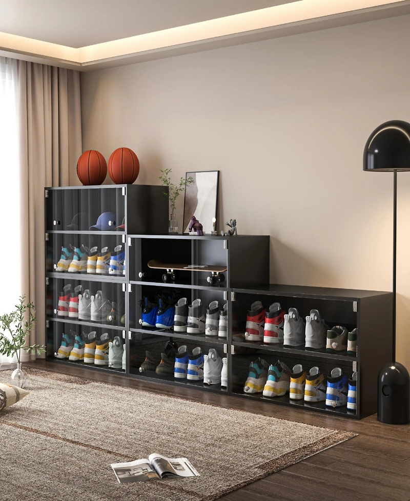 Simplie Fun Black Glass Door Shoe Box Shoe Storage Cabinet For Sneakers With Rgb Led Light