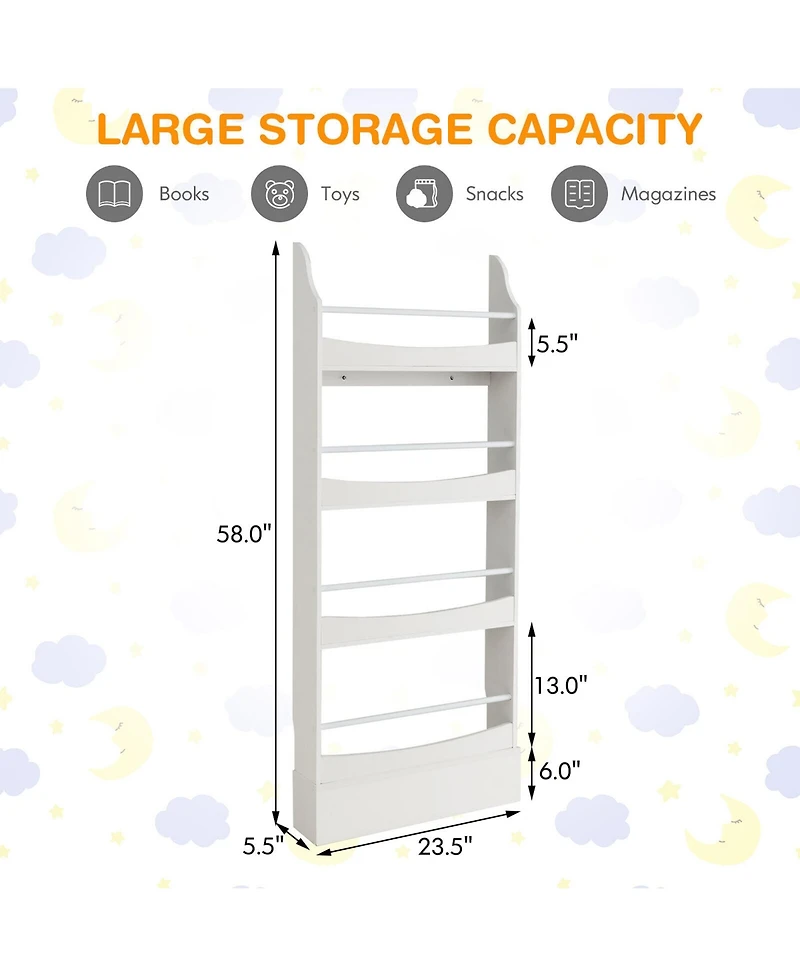 Gymax 4-Tier Kids Bookshelf Toy Storage Bookcase Rack Wall w/ Anti-toppling Kits Grey