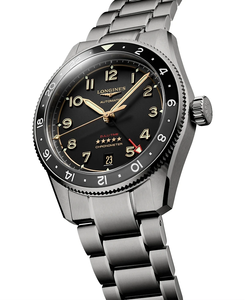 Longines Men's Swiss Automatic Spirit Zulu Time Silver-Tone Titanium Bracelet Watch 39mm