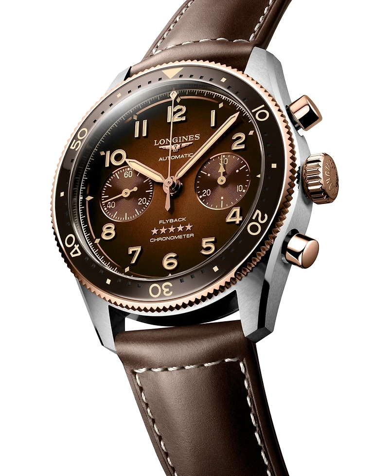Longines Men's Swiss Automatic Chronograph Spirit Flyback Brown Leather Strap Watch 42mm