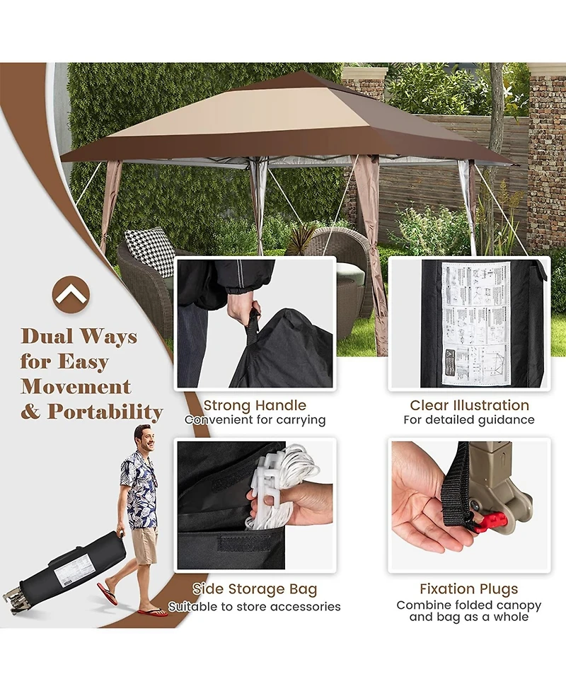 Sugift 13 x 13 Feet Pop-Up Patio Gazebo with Wheels-Coffee