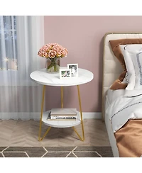Tribesigns Faux Marble End Table, 2 Tier Round Side Table with Shelves, Modern Gold Nightstand Bedside Table Small Coffee Accent Table for Living Room