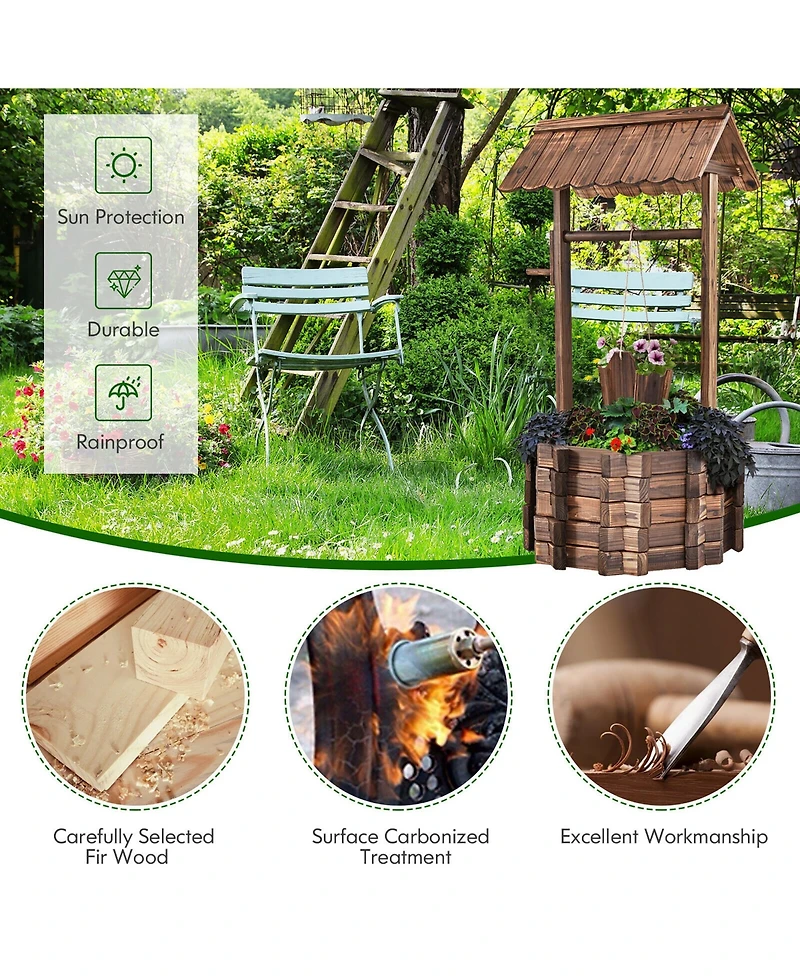 Outdoor Wooden Wishing Well Bucket Flower Plants Planter Patio Garden Home Decor