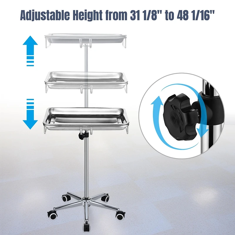 Mobile Mayo Stainless Steel Tray Stand Trolley Medical Doctor Salon Equipment