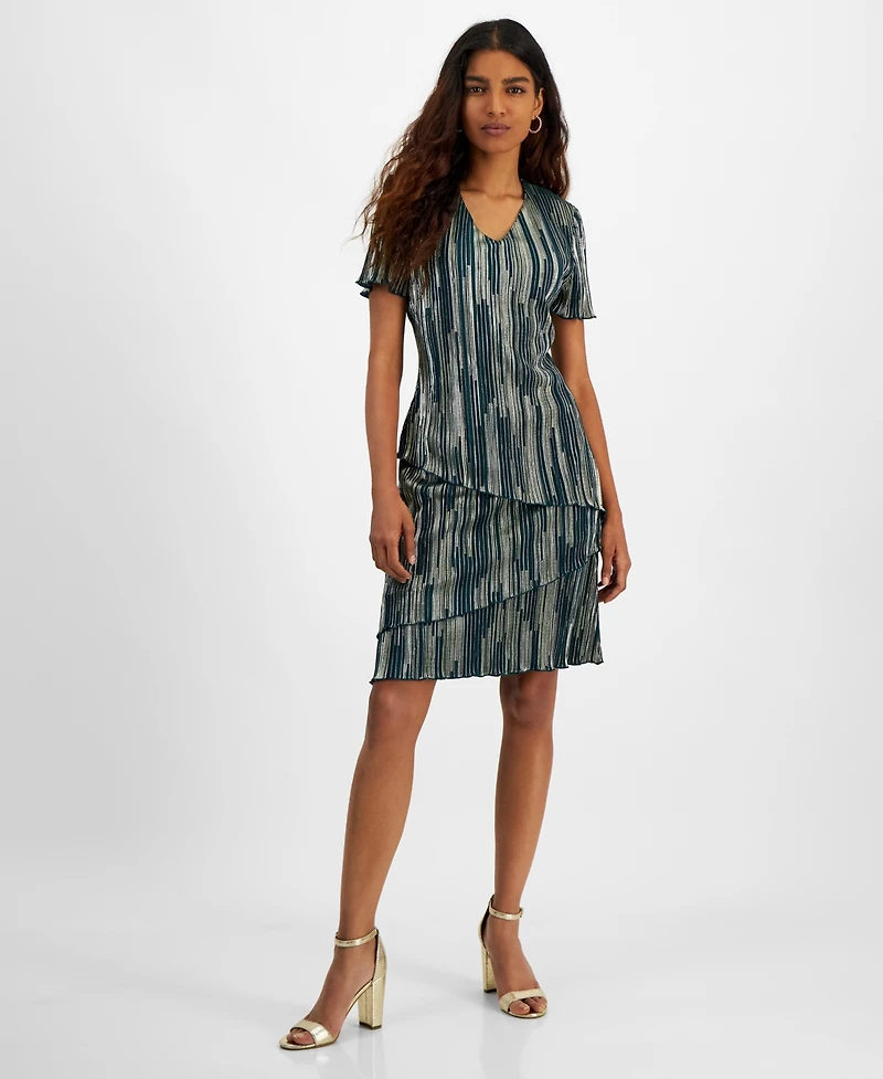 Connected Petite V-Neck Asymmetric Tiered Sheath Dress