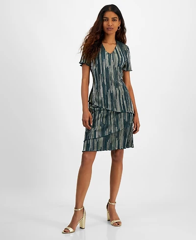 Connected Petite V-Neck Asymmetric Tiered Sheath Dress