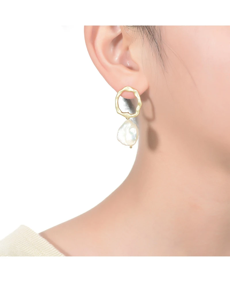 Sterling Silver Gold Plated with Genuine Freshwater Round Pearl Drop Earrings