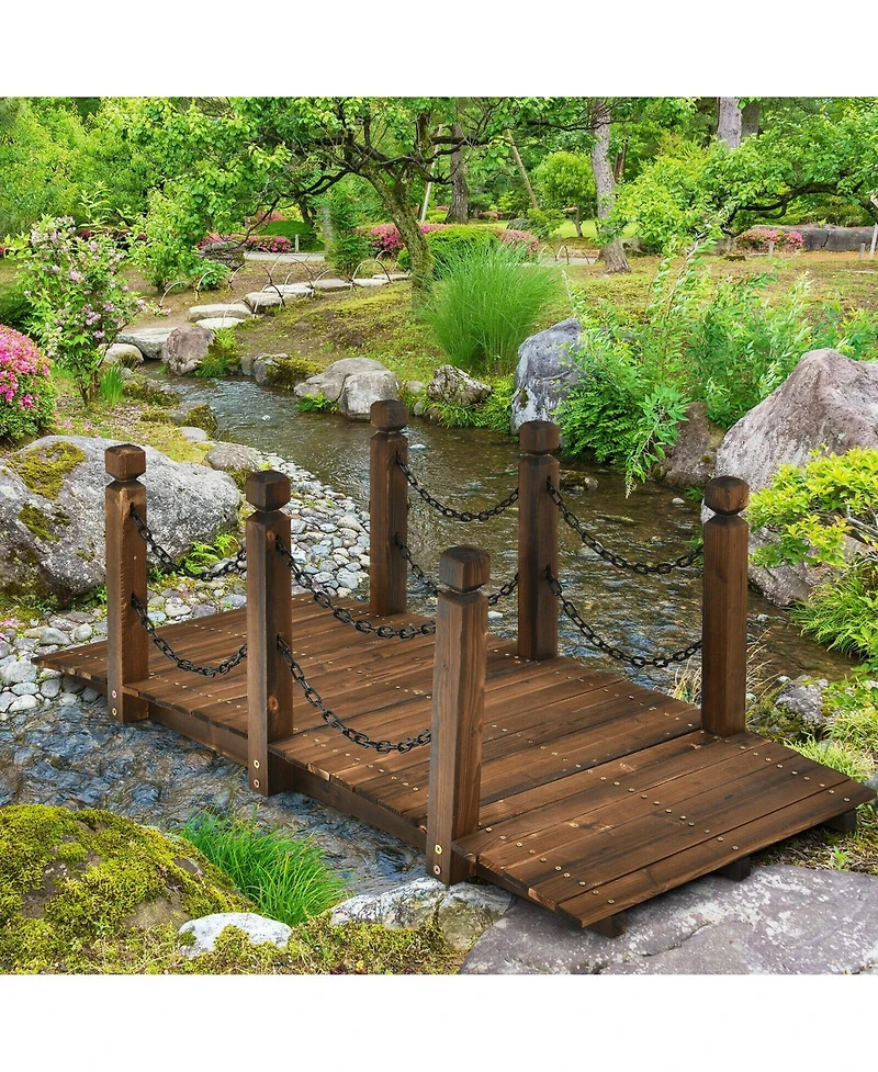 Skonyon 5 Feet Wooden Garden Bridge Arc Footbridge Stained Finish Walkway with Safety Rails