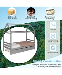 Gymax Twin House Bed Frame w/ Trundle Roof Wooden Platform Mattress Foundation Grey