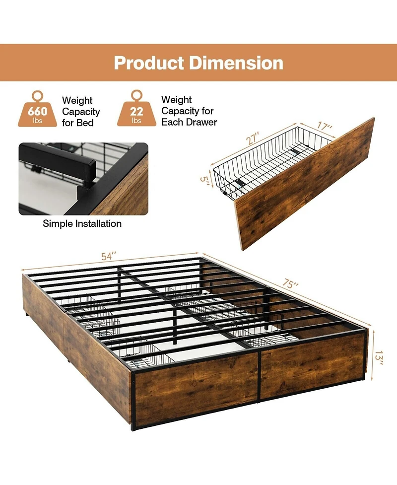 Gymax Full Industrial Metal Platform Bed Frame with 4 Drawers Wooden Footboard