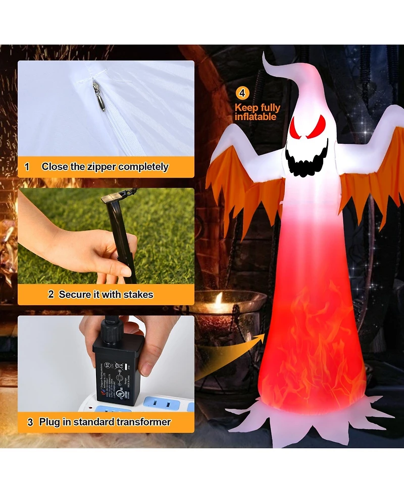 Skonyon 8 Feet Halloween Inflatable Ghost with Rotatable Flame Led Lights