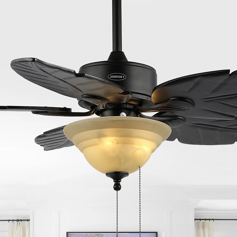 Jonathan Y Poinciana 52" 3-Light Coastal Bohemian Iron/Wood Palm Leaf Led Ceiling Fan with Pull Chain, Black