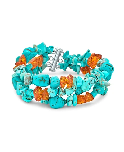 Bling Jewelry Statement Wide Stabilized Blue Natural Turquoise Golden Orange Amber Resin Chips Multi Strand Bracelet Sterling Silver Tube Clasp