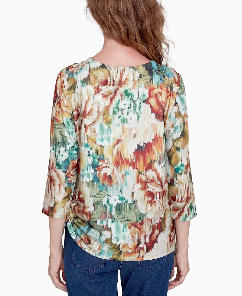 Alfred Dunner Petite Classics Earth Floral Crew Neck Top