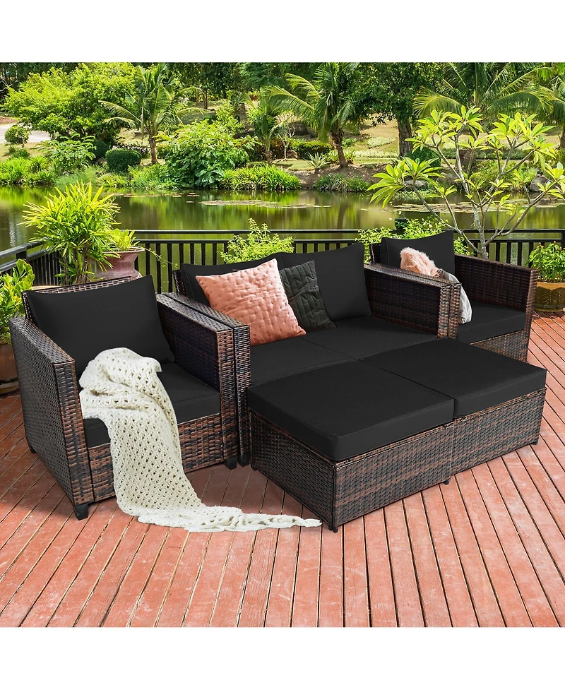 5PCS Patio Rattan Furniture Set Loveseat Sofa Ottoman Cushioned