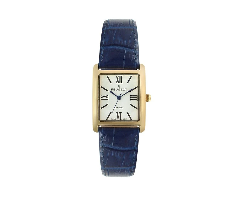 Peugeot Women's Tank Watch Roman Dial Blue Leather Strap