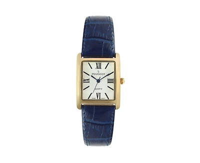 Peugeot Women's Tank Watch Roman Dial Blue Leather Strap