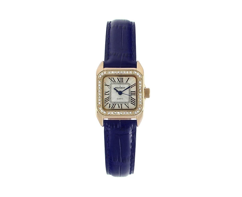 Peugeot Women's 34x24mm Tank Watch with Crystal Bezel Blue Leather Strap