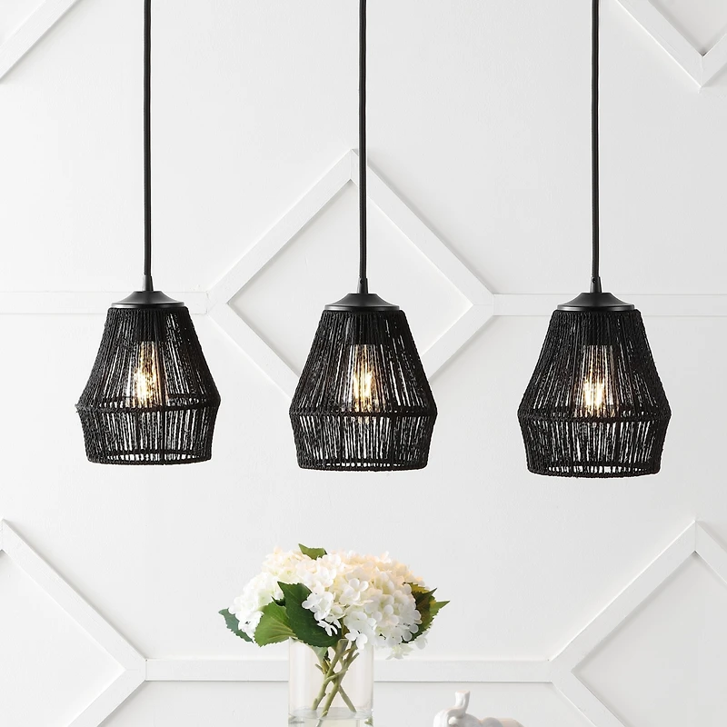 Jonathan Y Ibiza Island 30" 3-Light Woven Rope/Metal Bohemian Coastal Led Linear Pendant, Black