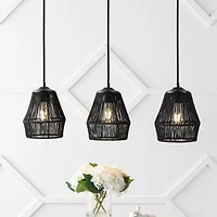 Jonathan Y Ibiza Island 30" 3-Light Woven Rope/Metal Bohemian Coastal Led Linear Pendant, Black